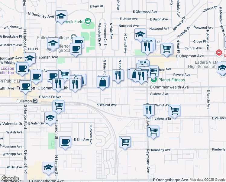 map of restaurants, bars, coffee shops, grocery stores, and more near 110 South Yale Avenue in Fullerton
