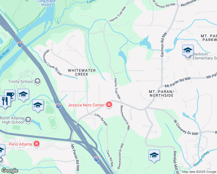 map of restaurants, bars, coffee shops, grocery stores, and more near 4190 Harris Trail Northwest in Atlanta