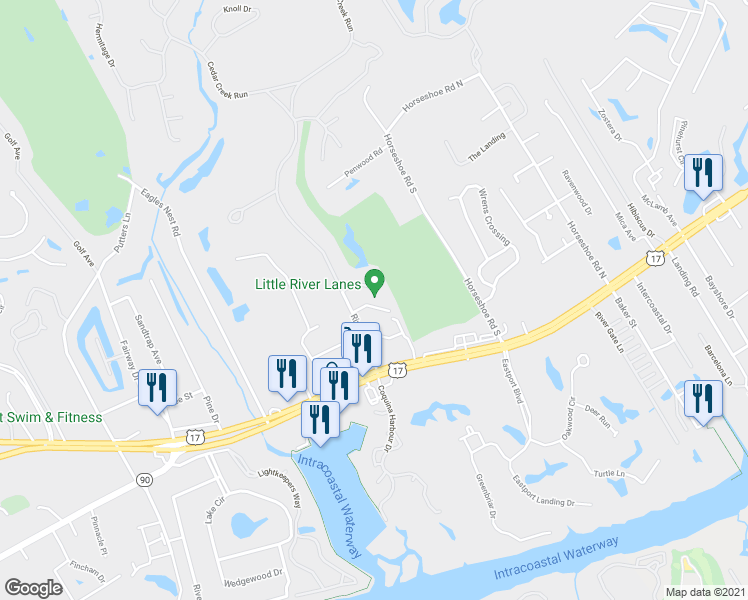 map of restaurants, bars, coffee shops, grocery stores, and more near 300 Bowling Lane in Little River