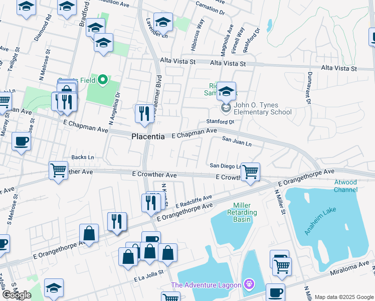 map of restaurants, bars, coffee shops, grocery stores, and more near 206 Pala Circle in Placentia