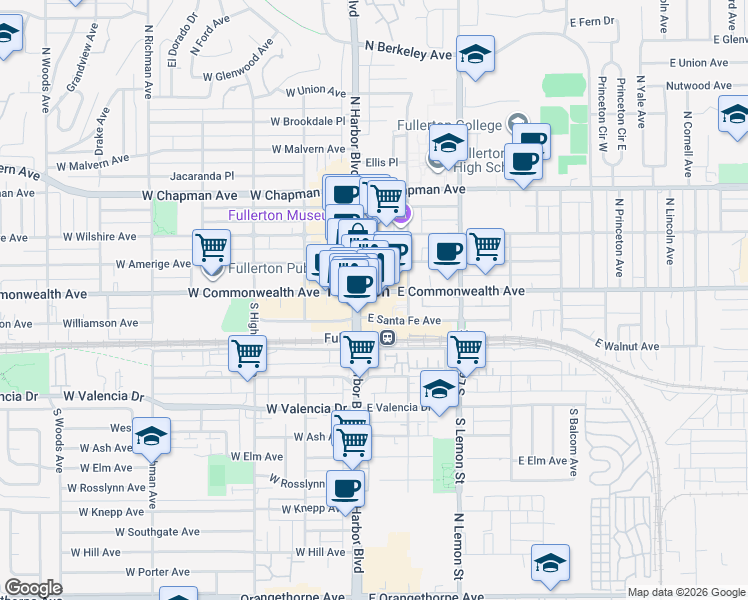 map of restaurants, bars, coffee shops, grocery stores, and more near 112 East Commonwealth Avenue in Fullerton