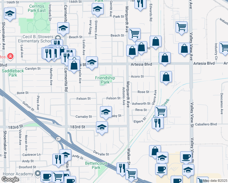 map of restaurants, bars, coffee shops, grocery stores, and more near 17718 Gerritt Avenue in Cerritos