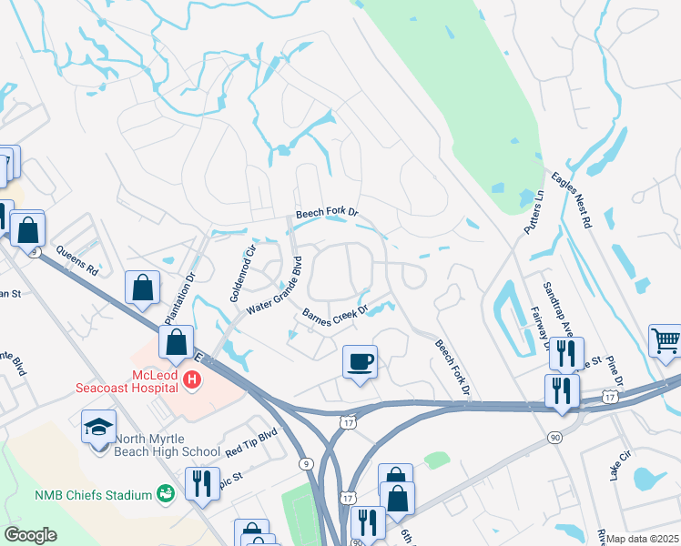 map of restaurants, bars, coffee shops, grocery stores, and more near 223 Switchgrass Loop in Little River