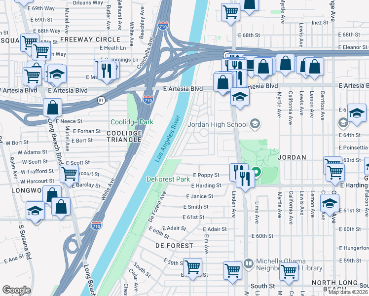 map of restaurants, bars, coffee shops, grocery stores, and more near 6475 Atlantic Avenue in Long Beach
