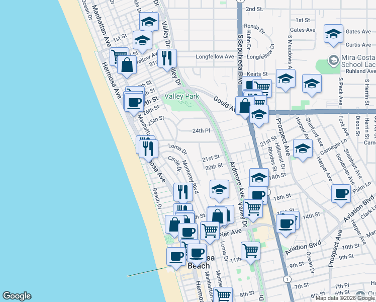 map of restaurants, bars, coffee shops, grocery stores, and more near 2134 Loma Drive in Hermosa Beach