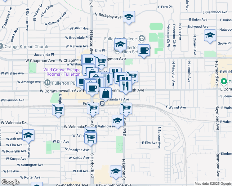 map of restaurants, bars, coffee shops, grocery stores, and more near 224 East Commonwealth Avenue in Fullerton