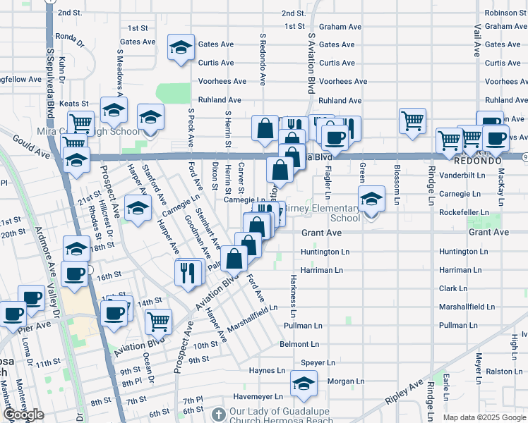 map of restaurants, bars, coffee shops, grocery stores, and more near 1623 Aviation Boulevard in Redondo Beach