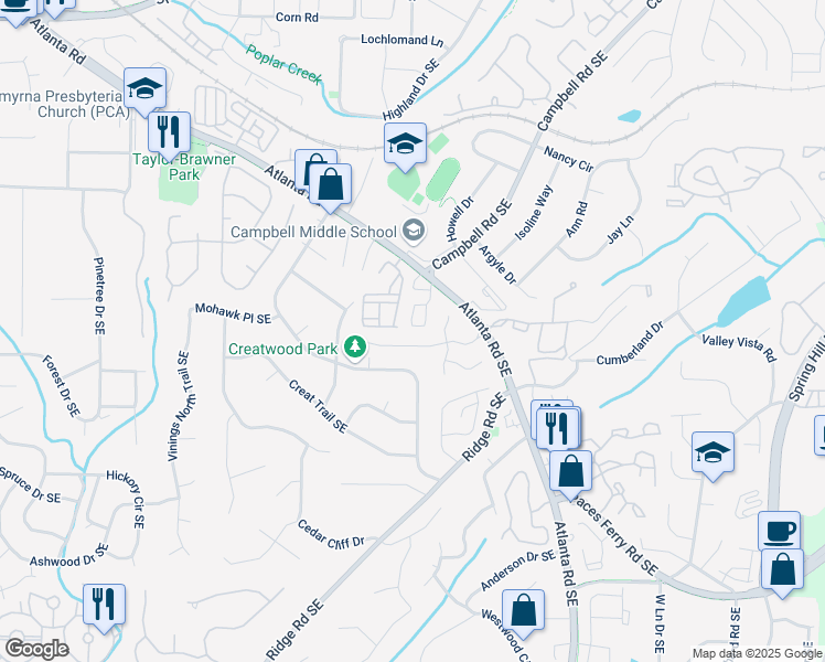 map of restaurants, bars, coffee shops, grocery stores, and more near 137 Rondak Circle in Smyrna