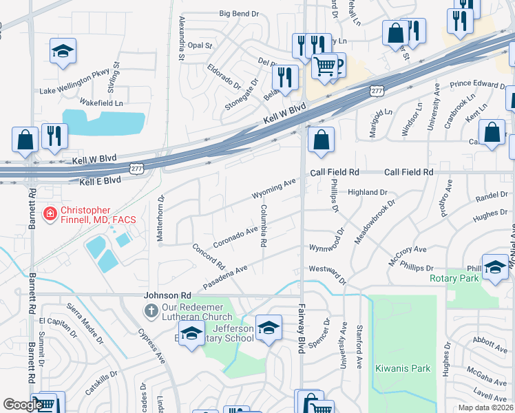 map of restaurants, bars, coffee shops, grocery stores, and more near 430 Columbia Road in Wichita Falls