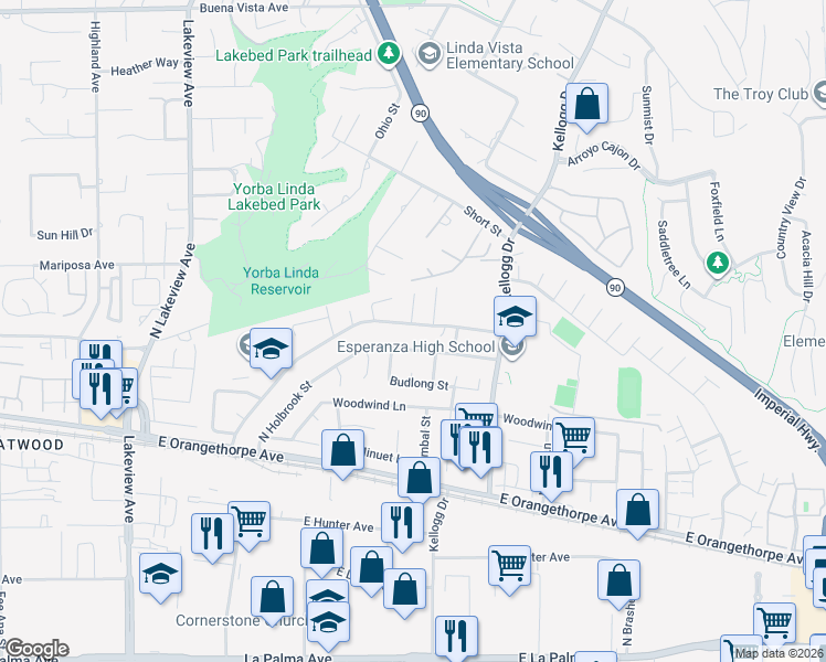 map of restaurants, bars, coffee shops, grocery stores, and more near 4946 East Glenview Avenue in Anaheim