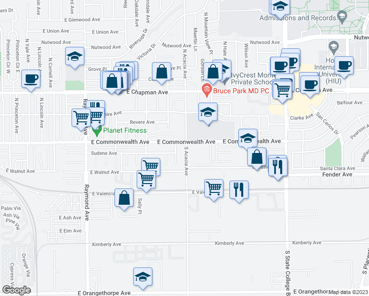 map of restaurants, bars, coffee shops, grocery stores, and more near 109 South Acacia Avenue in Fullerton