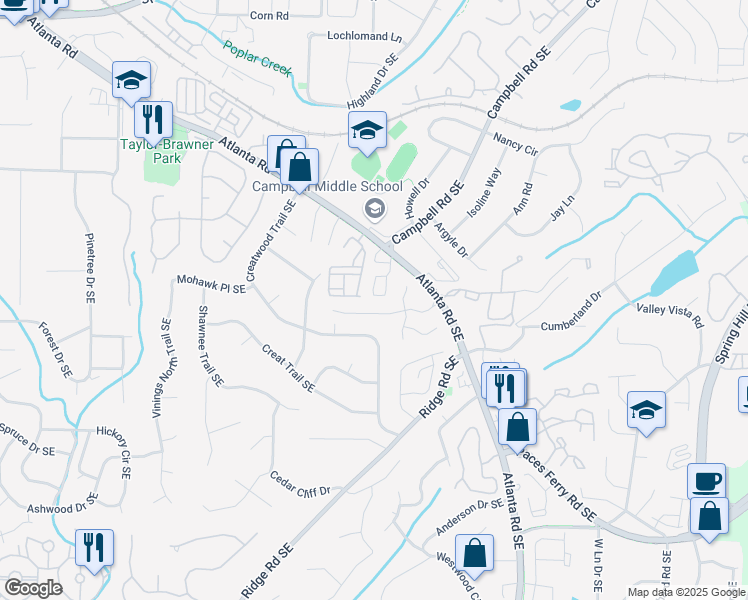 map of restaurants, bars, coffee shops, grocery stores, and more near 137 Rondak Circle in Smyrna