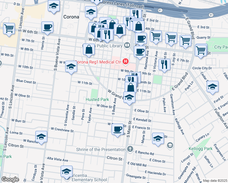 map of restaurants, bars, coffee shops, grocery stores, and more near 1114 South Belle Avenue in Corona