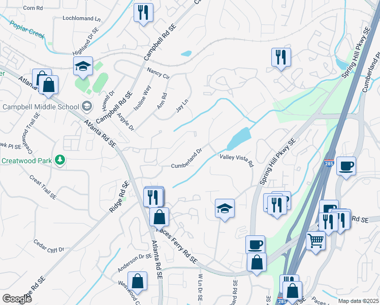 map of restaurants, bars, coffee shops, grocery stores, and more near 2181 Cumberland Drive in Smyrna
