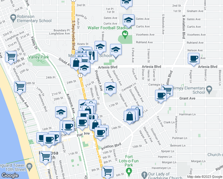 map of restaurants, bars, coffee shops, grocery stores, and more near 1223 19th Street in Hermosa Beach