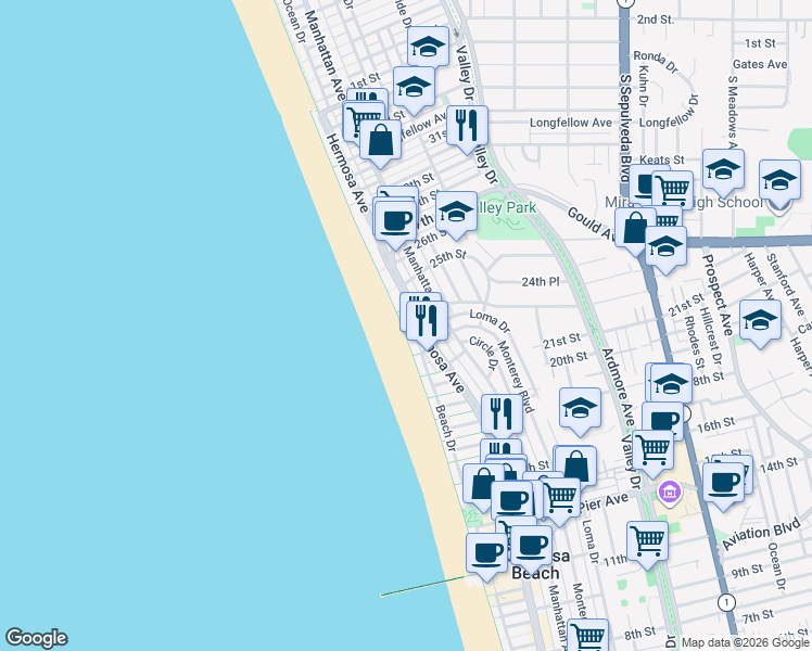 map of restaurants, bars, coffee shops, grocery stores, and more near 2236 Hermosa Avenue in Hermosa Beach