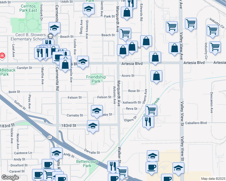 map of restaurants, bars, coffee shops, grocery stores, and more near 17718 Antonio Avenue in Cerritos