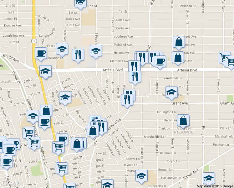 map of restaurants, bars, coffee shops, grocery stores, and more near 1623 Carver Street in Redondo Beach