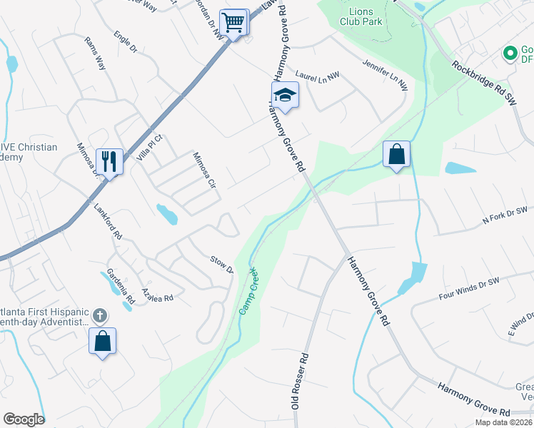 map of restaurants, bars, coffee shops, grocery stores, and more near 17 Lost Grove Court Northwest in Lilburn