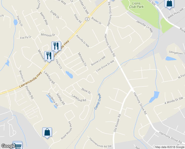 map of restaurants, bars, coffee shops, grocery stores, and more near 5606 Princeton Run Trail in Tucker