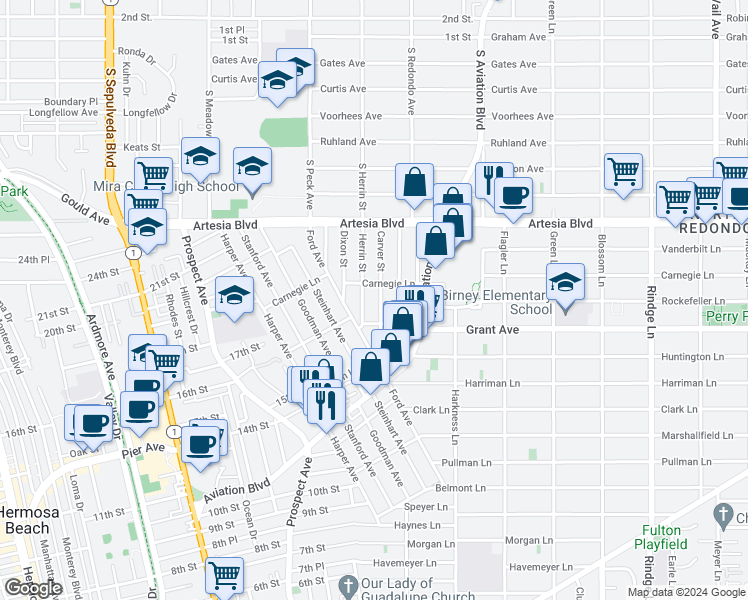 map of restaurants, bars, coffee shops, grocery stores, and more near 1623 Carver Street in Redondo Beach
