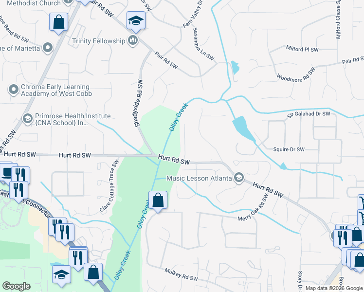 map of restaurants, bars, coffee shops, grocery stores, and more near 3443 Finglas Drive Southwest in Marietta