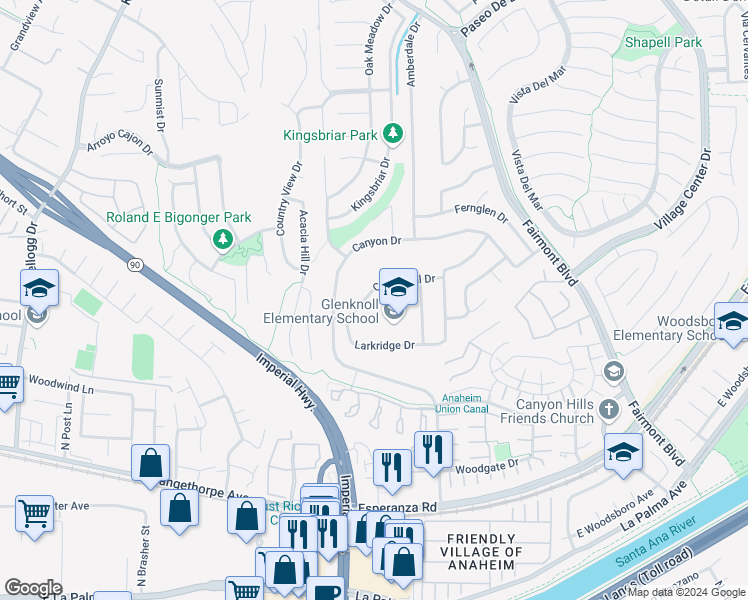 map of restaurants, bars, coffee shops, grocery stores, and more near 19622 Crestknoll Drive in Yorba Linda
