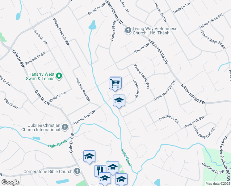 map of restaurants, bars, coffee shops, grocery stores, and more near 4511 Warrior Trail SW in Lilburn