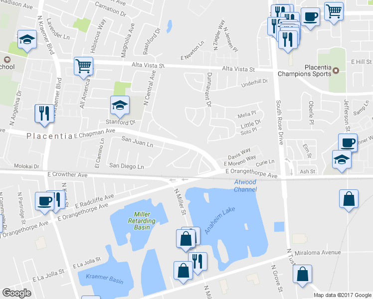 map of restaurants, bars, coffee shops, grocery stores, and more near 101 San Anselmo Lane in Placentia
