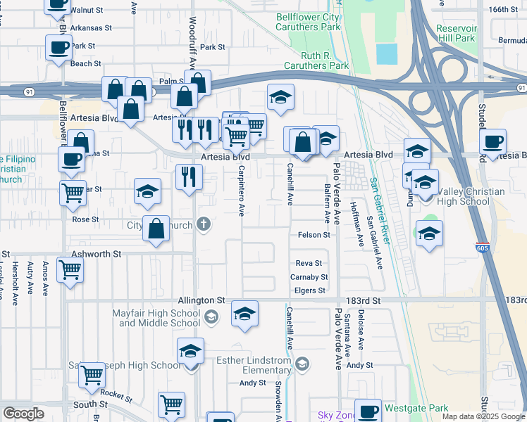 map of restaurants, bars, coffee shops, grocery stores, and more near 17816 McNab Avenue in Bellflower