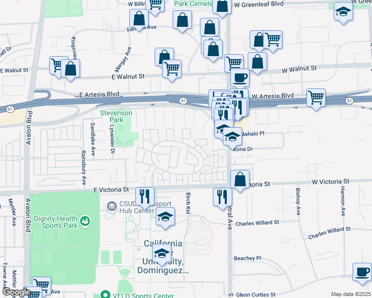 map of restaurants, bars, coffee shops, grocery stores, and more near 17613 Cypress Circle in Carson