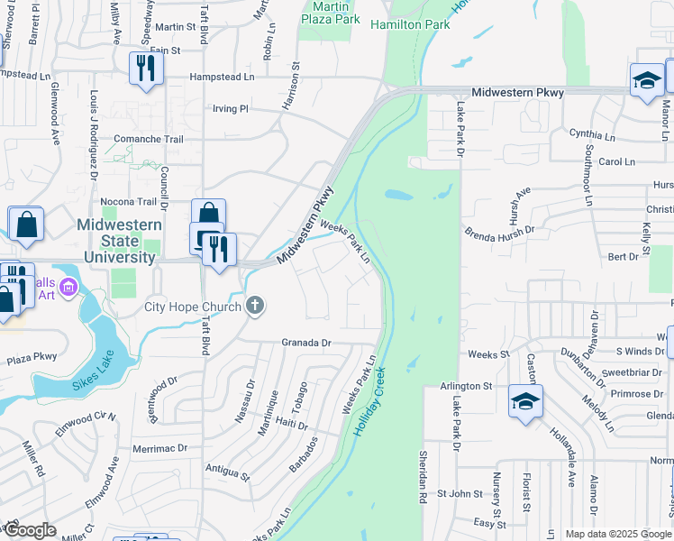 map of restaurants, bars, coffee shops, grocery stores, and more near 4205 Picasso Drive in Wichita Falls