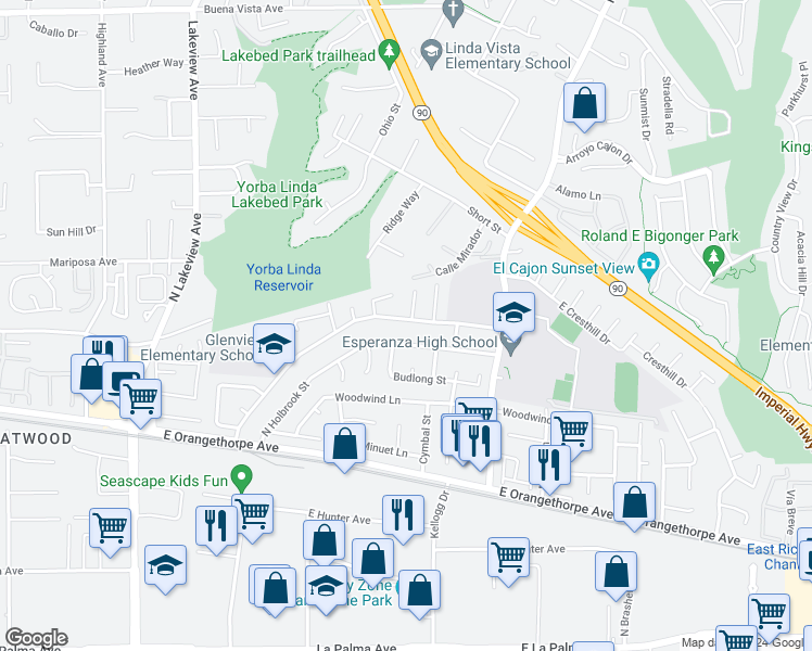 map of restaurants, bars, coffee shops, grocery stores, and more near 4938 East Glenview Avenue in Anaheim