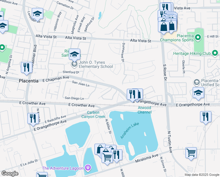map of restaurants, bars, coffee shops, grocery stores, and more near 101 San Anselmo Lane in Placentia