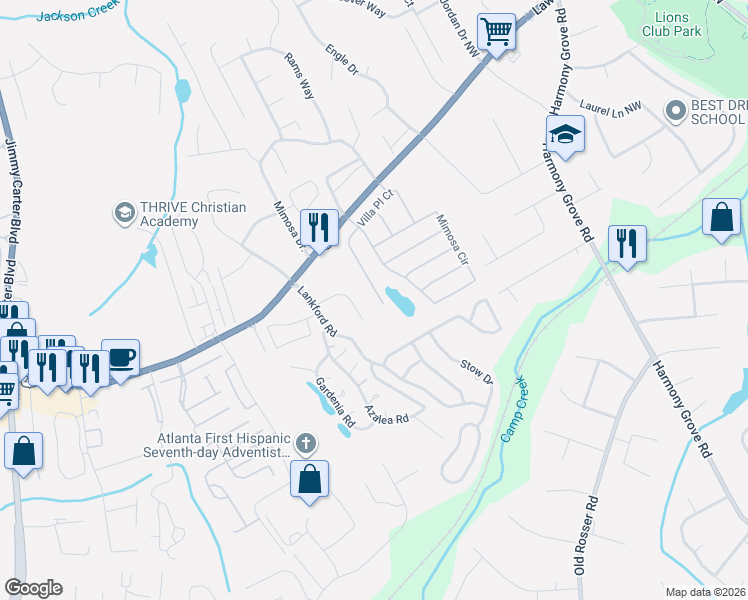 map of restaurants, bars, coffee shops, grocery stores, and more near 465 Villa Place Court in Tucker