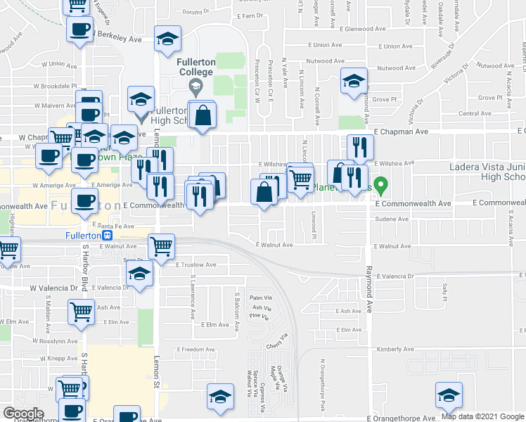 map of restaurants, bars, coffee shops, grocery stores, and more near 630 East Commonwealth Avenue in Fullerton