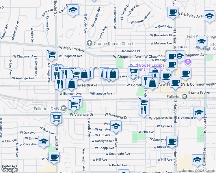 map of restaurants, bars, coffee shops, grocery stores, and more near 530 West Commonwealth Avenue in Fullerton