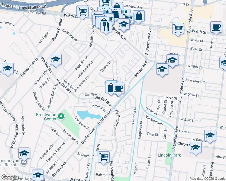 map of restaurants, bars, coffee shops, grocery stores, and more near 1382 Vía Santiago in Corona