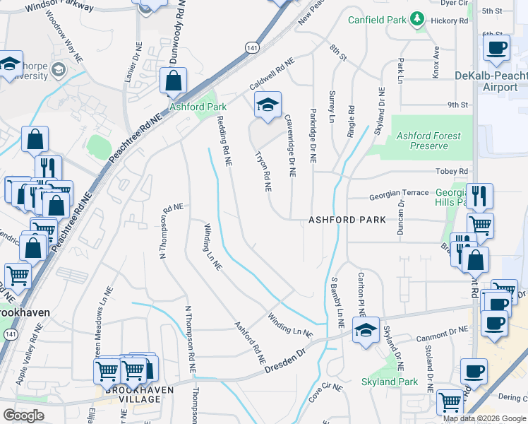 map of restaurants, bars, coffee shops, grocery stores, and more near 1631 Tryon Road Northeast in Atlanta