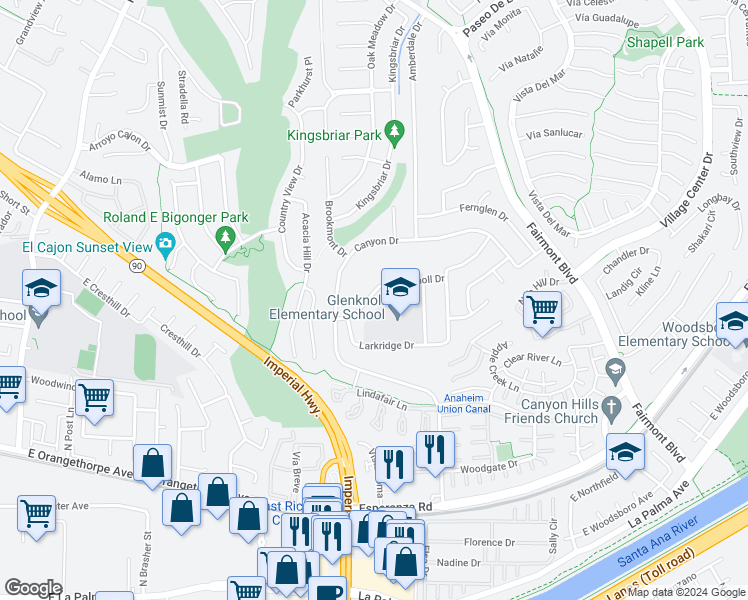 map of restaurants, bars, coffee shops, grocery stores, and more near 19622 Crestknoll Drive in Yorba Linda