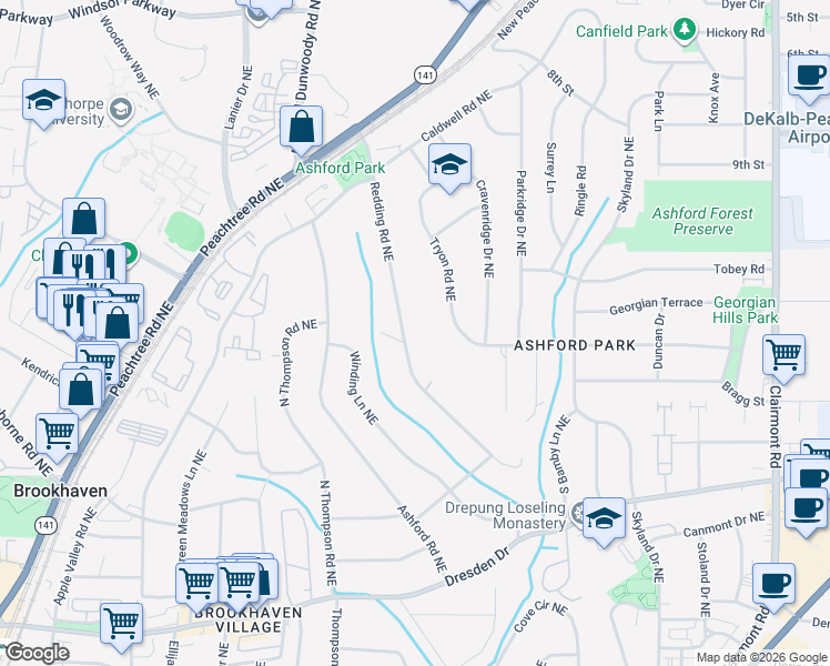 map of restaurants, bars, coffee shops, grocery stores, and more near 2821 Redding Road Northeast in Atlanta