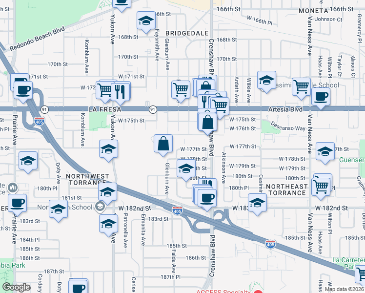 map of restaurants, bars, coffee shops, grocery stores, and more near 3209 West 177th Street in Torrance