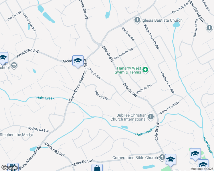 map of restaurants, bars, coffee shops, grocery stores, and more near 493 Greg Drive Southwest in Lilburn