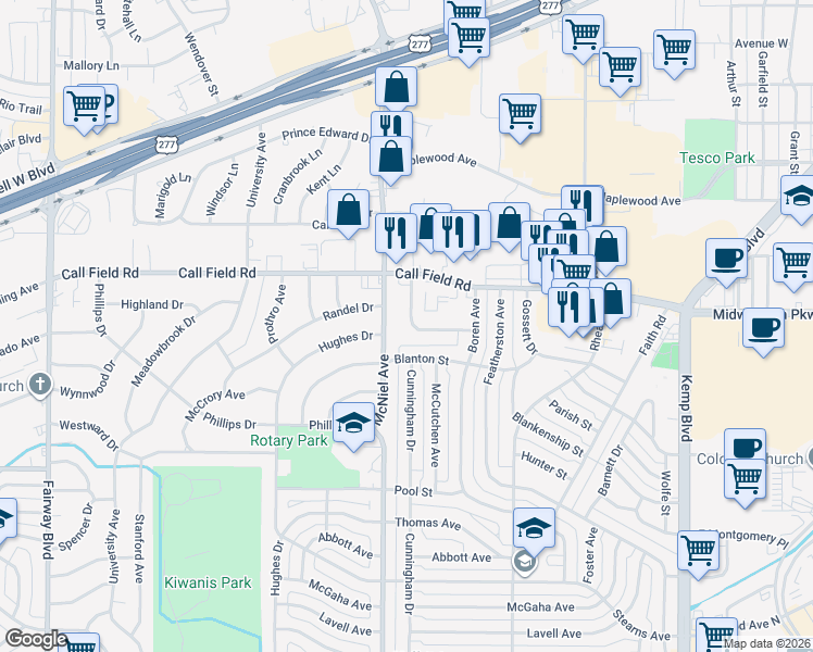 map of restaurants, bars, coffee shops, grocery stores, and more near 4218 Idlewood Drive in Wichita Falls