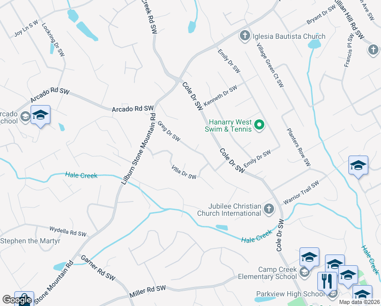 map of restaurants, bars, coffee shops, grocery stores, and more near 493 Greg Drive Southwest in Lilburn