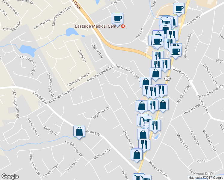 map of restaurants, bars, coffee shops, grocery stores, and more near 1865 Pennistone Way in Snellville