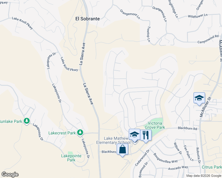 map of restaurants, bars, coffee shops, grocery stores, and more near 17188 Hazelwood Drive in Riverside