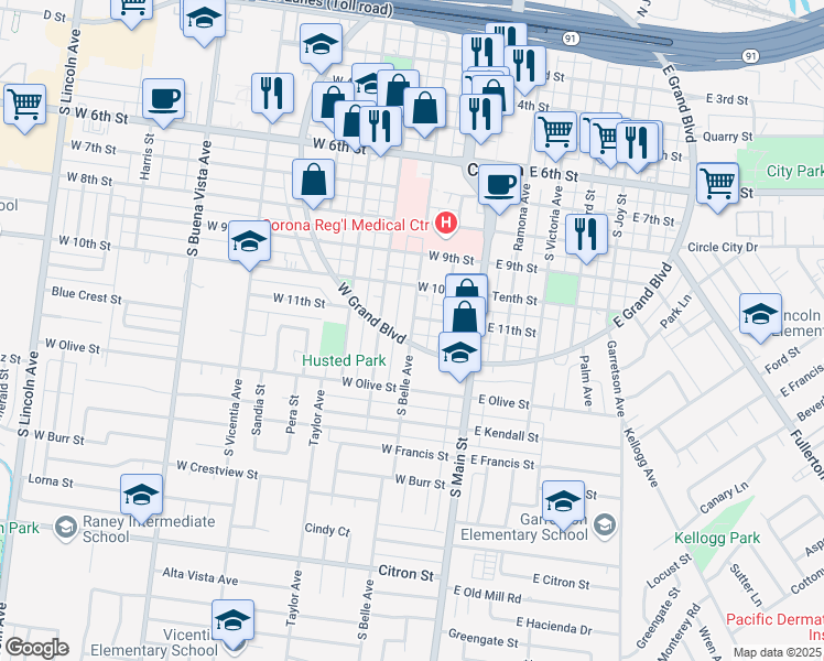 map of restaurants, bars, coffee shops, grocery stores, and more near 1114 South Belle Avenue in Corona