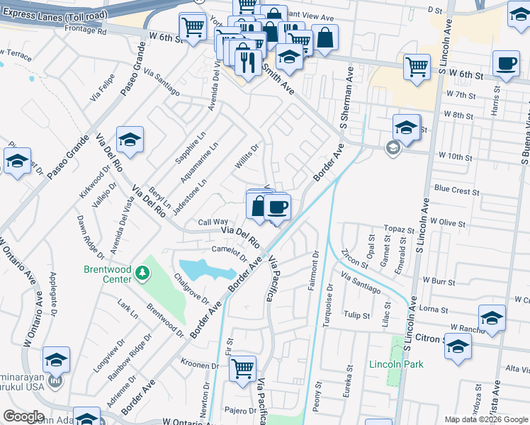 map of restaurants, bars, coffee shops, grocery stores, and more near 1382 Vía Santiago in Corona