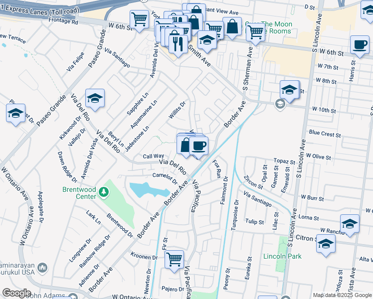 map of restaurants, bars, coffee shops, grocery stores, and more near 1382 Vía Santiago in Corona